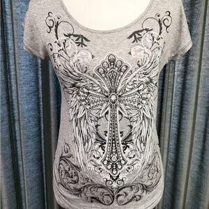 Y2K Vintage Graphic Cross Angel Wing Shirt with Black Flower Lace Back